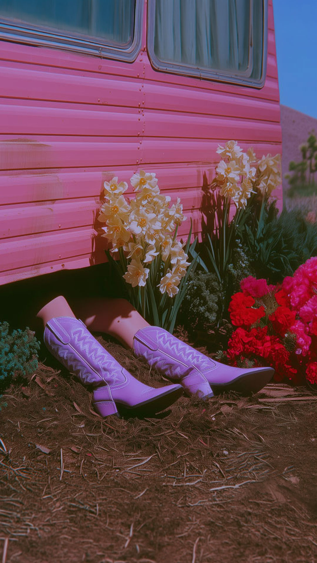 Purple cowboy boots beside flowers and a pink camper